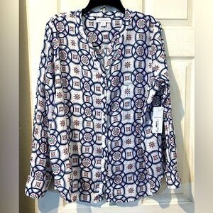 NWT Liz Claiborne “White Tile” Design Long Sleeve Blouse